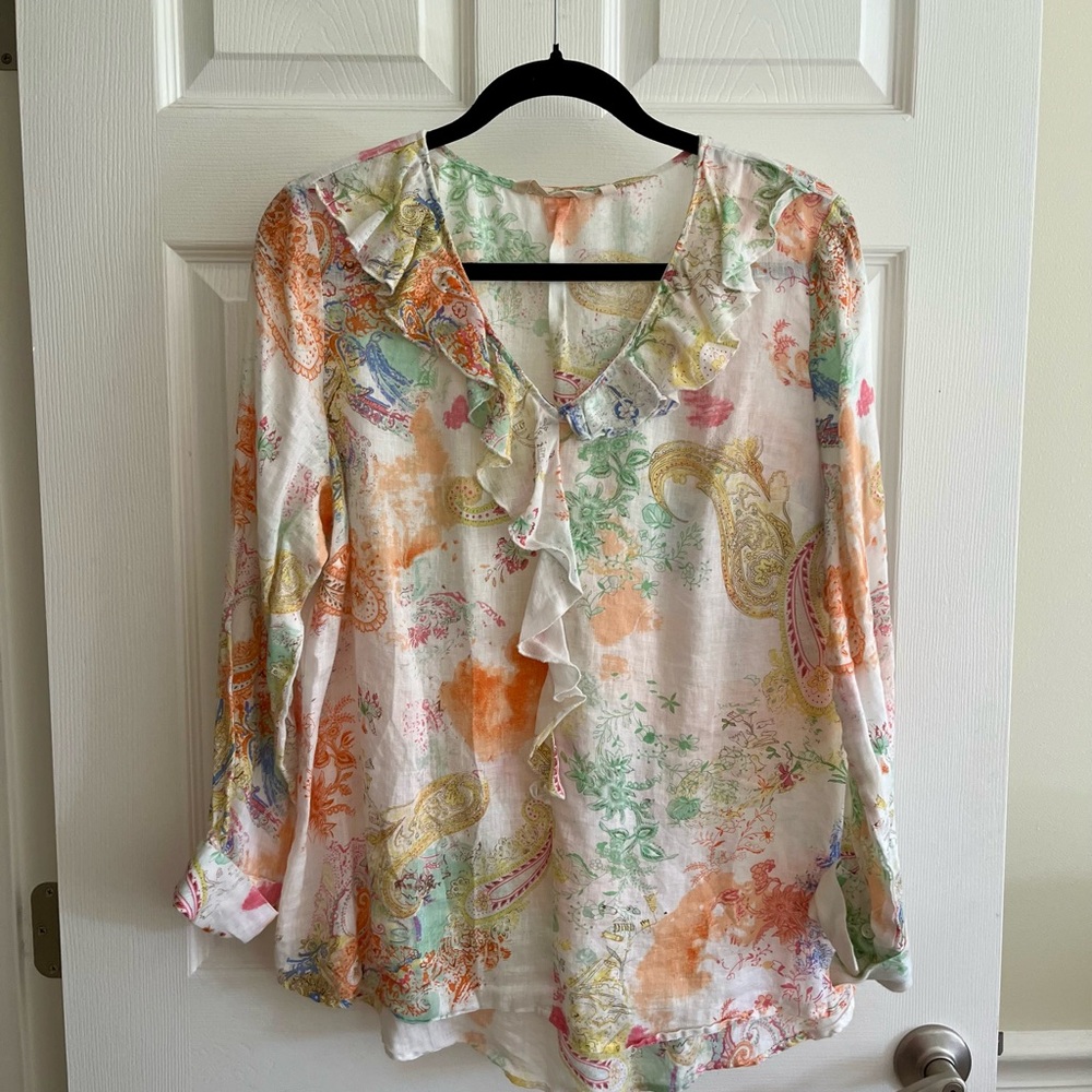 Soft Surroundings 100% Linen Adeline Floral Ruffle Blouse